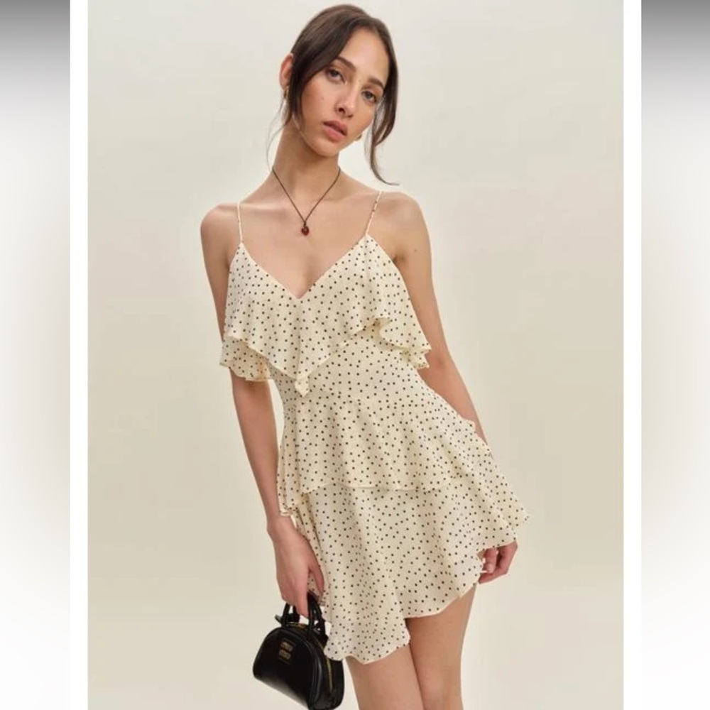 Reformation Ivory and Black Dotted Mini Dress